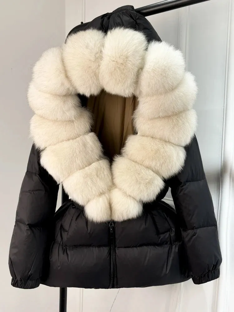 Women's Hooded Puffer Coat with Fox Fur Trim