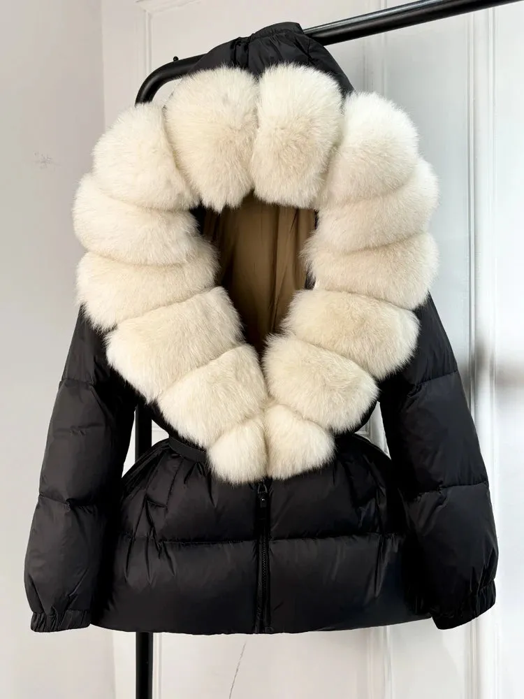 Women's Hooded Puffer Coat with Fox Fur Trim