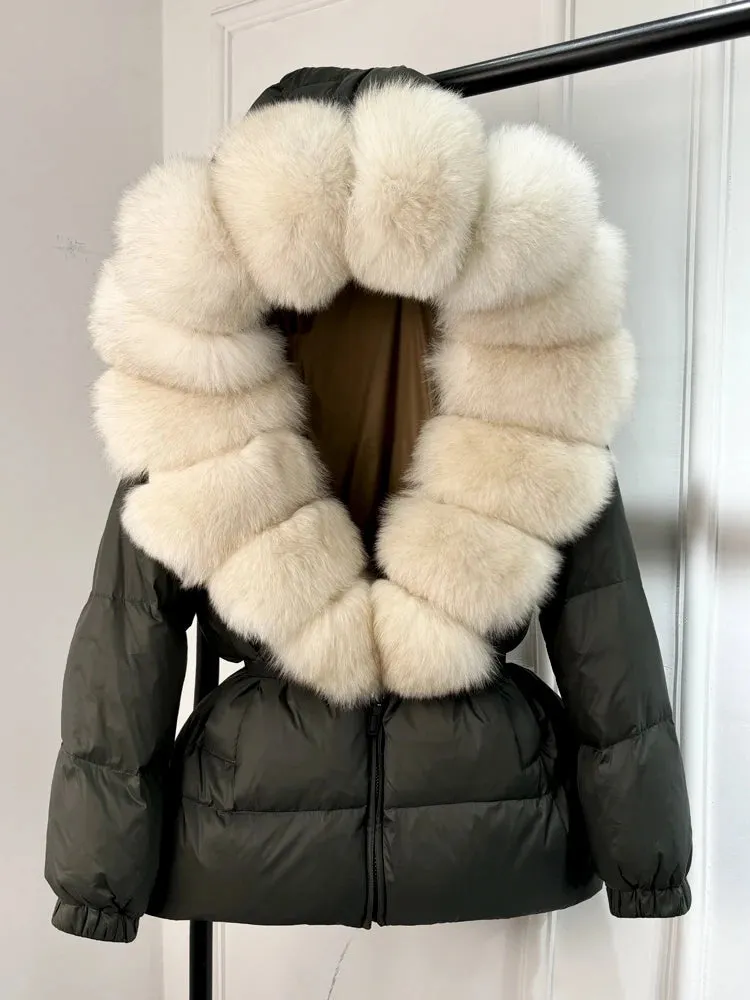 Women's Hooded Puffer Coat with Fox Fur Trim