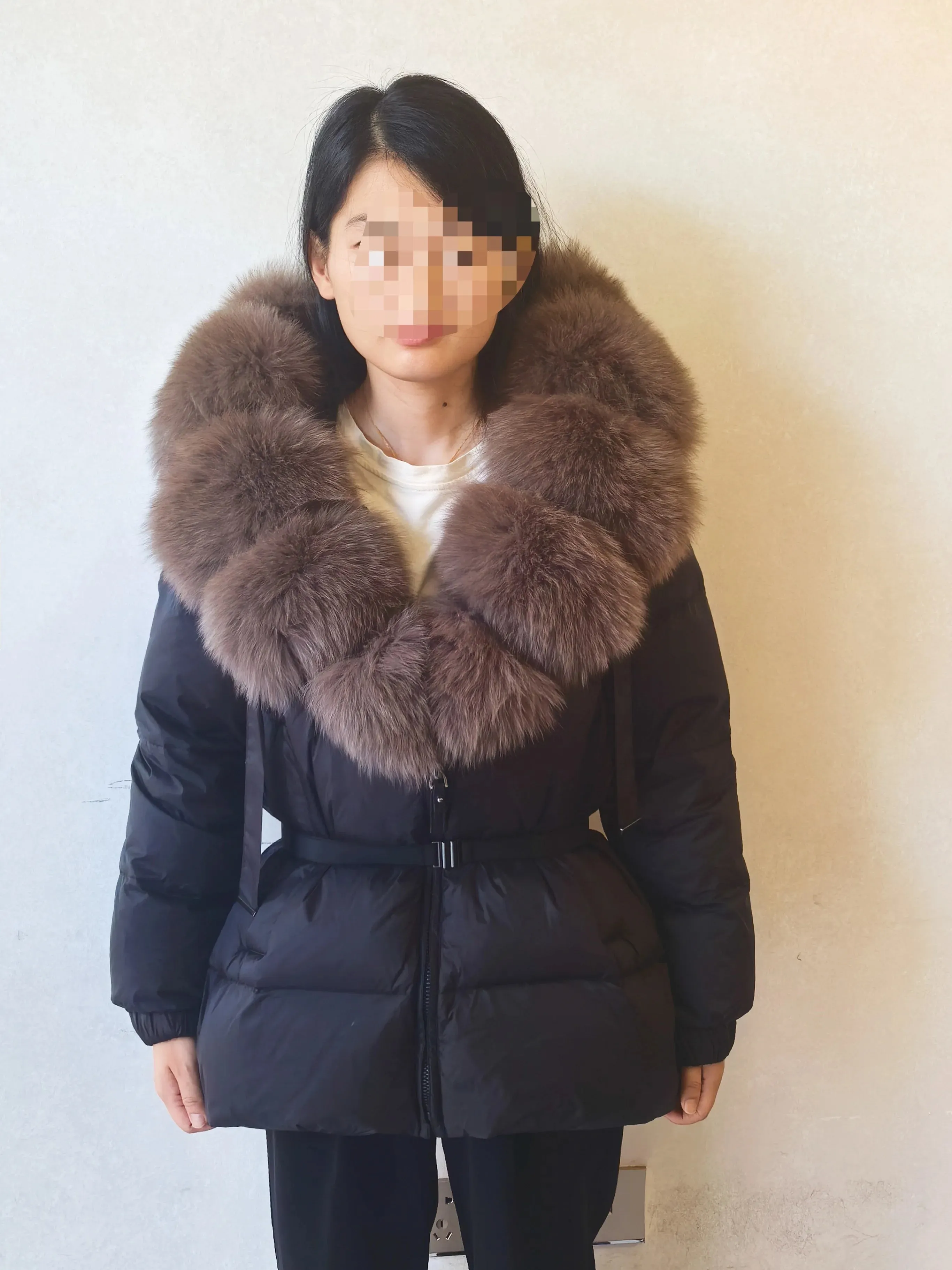 Women's Hooded Puffer Coat with Fox Fur Trim