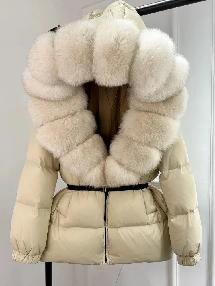 Women's Hooded Puffer Coat with Fox Fur Trim