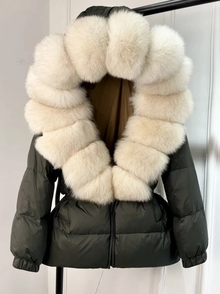 Women's Hooded Puffer Coat with Fox Fur Trim