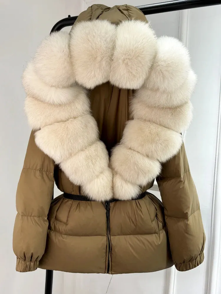 Women's Hooded Puffer Coat with Fox Fur Trim