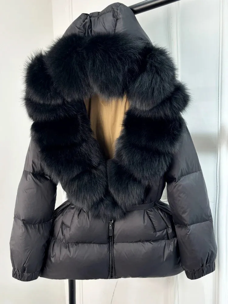 Women's Hooded Puffer Coat with Fox Fur Trim