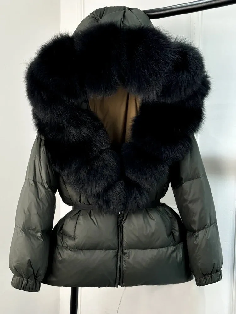 Women's Hooded Puffer Coat with Fox Fur Trim