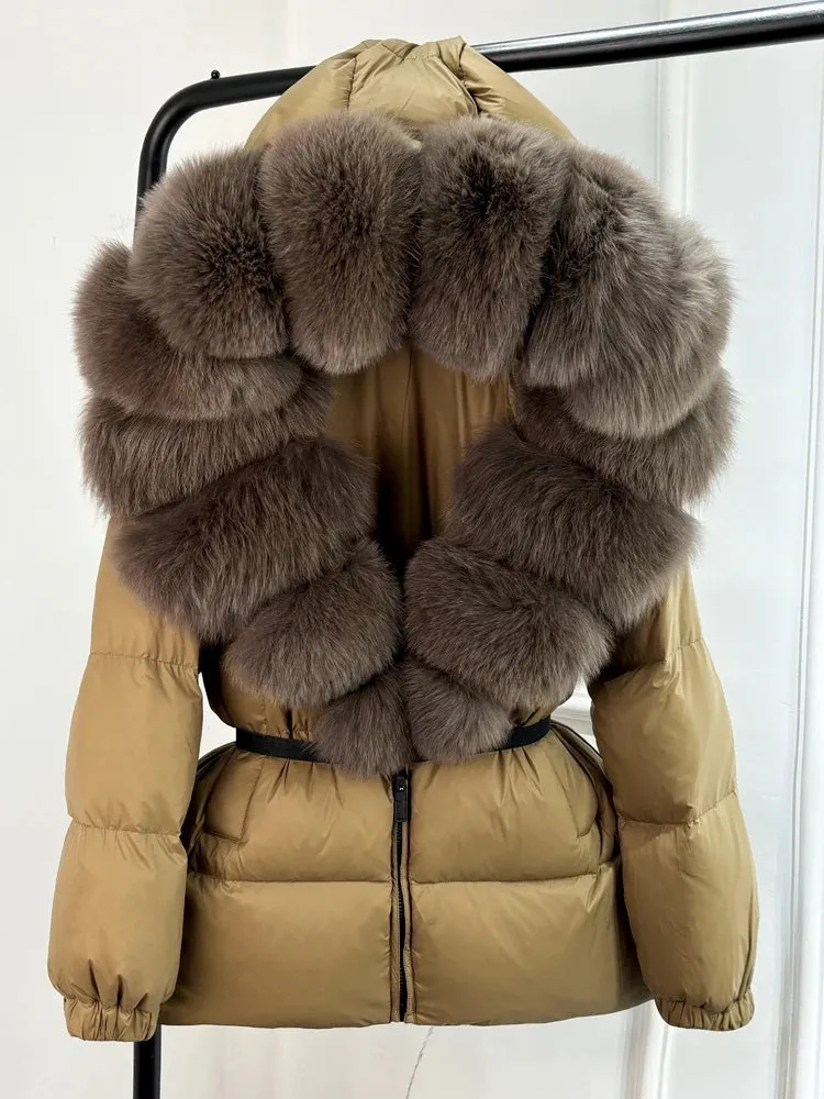 Women's Hooded Puffer Coat with Fox Fur Trim