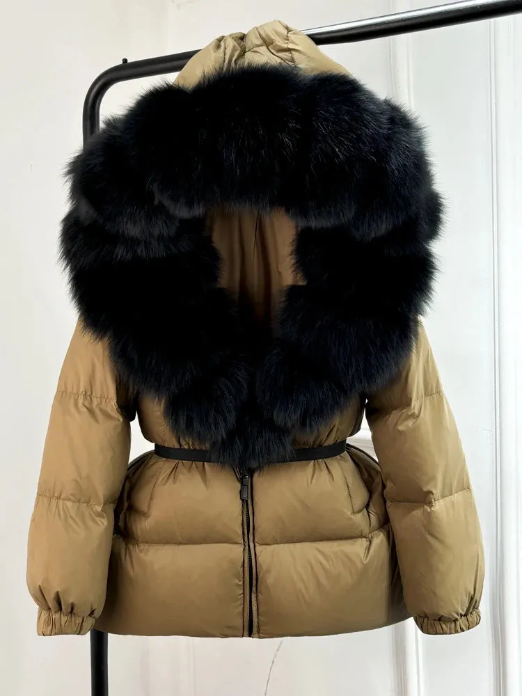 Women's Hooded Puffer Coat with Fox Fur Trim