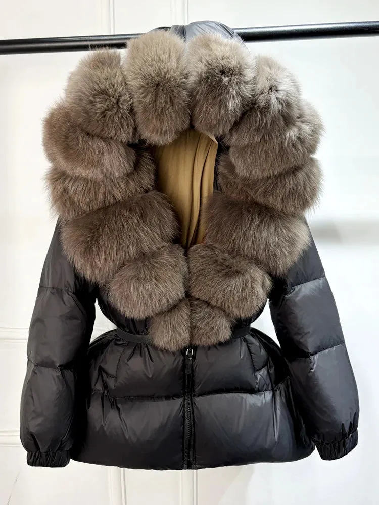 Women's Hooded Puffer Coat with Fox Fur Trim