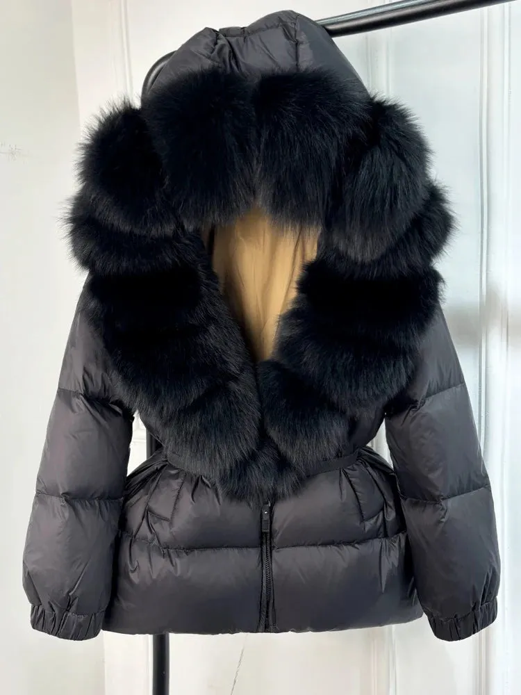 Women's Hooded Puffer Coat with Fox Fur Trim