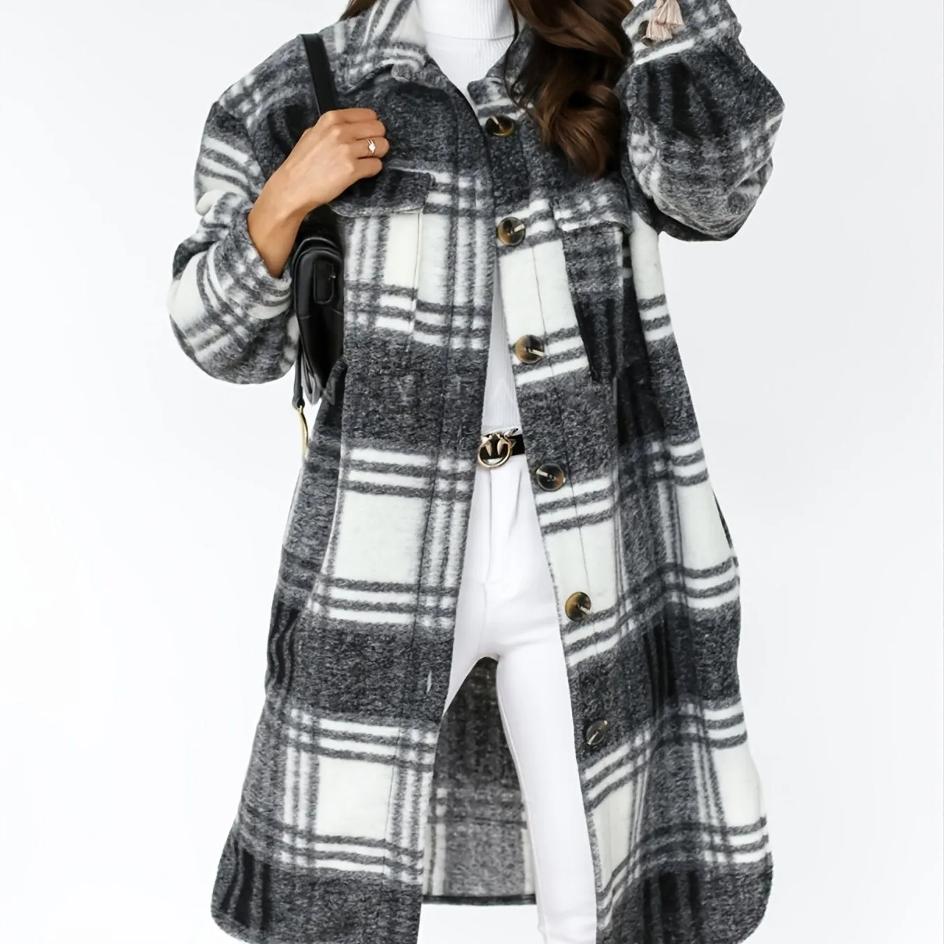 Women's Outerwear Casual Long Sleeve Plaid Brushed Mid-length Loose Jacket