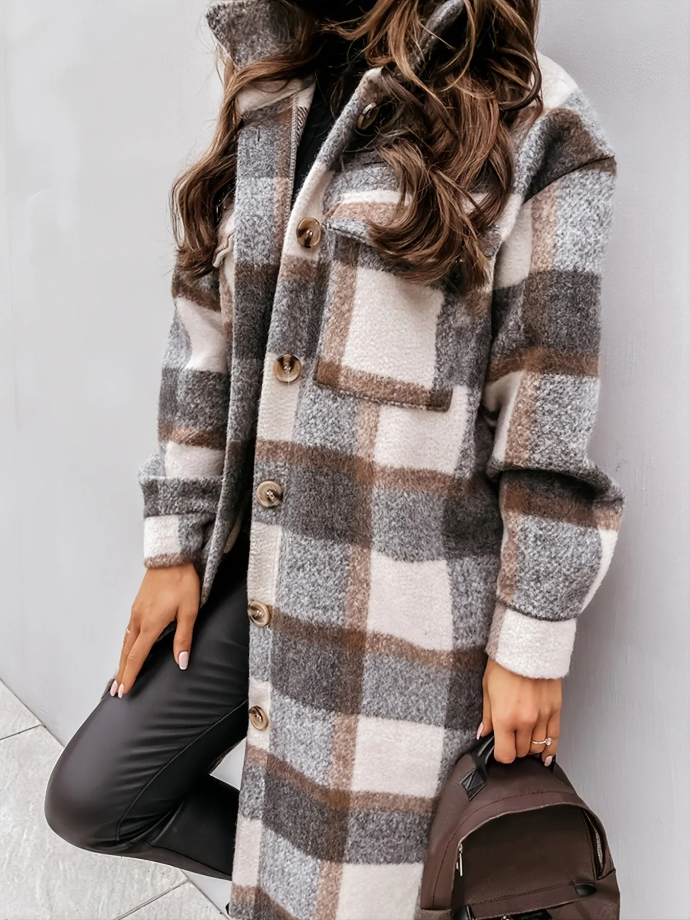 Women's Outerwear Casual Long Sleeve Plaid Brushed Mid-length Loose Jacket