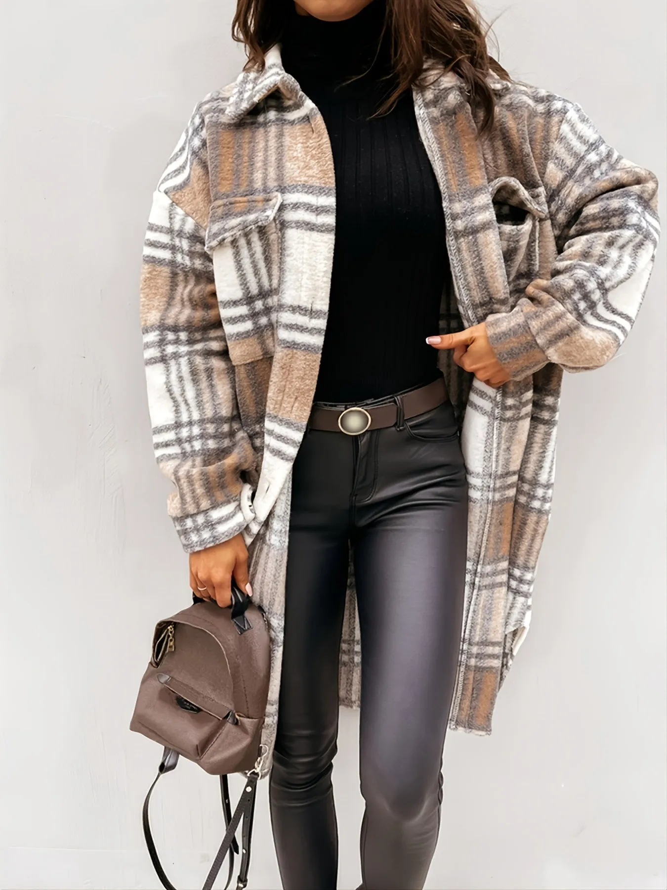 Women's Outerwear Casual Long Sleeve Plaid Brushed Mid-length Loose Jacket