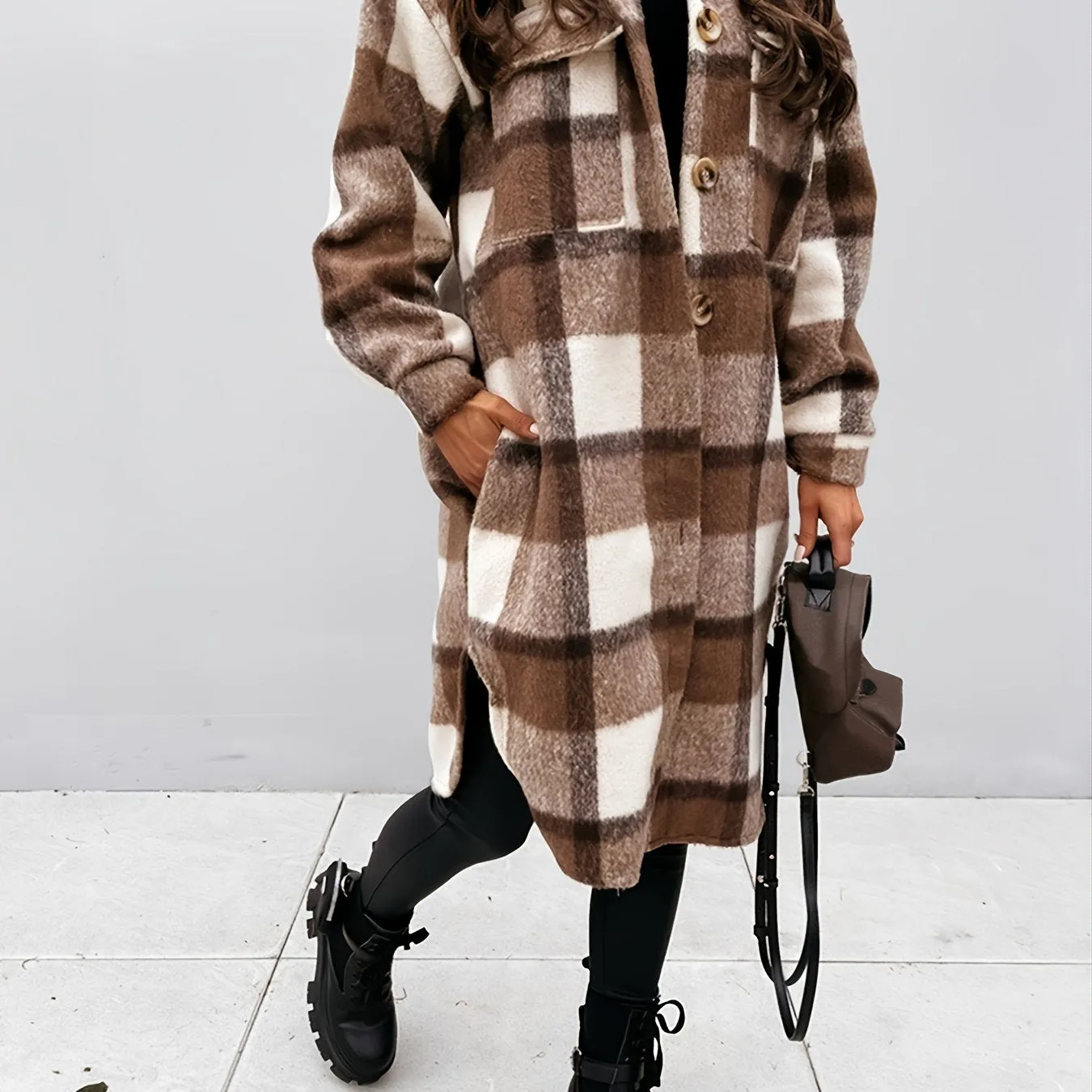 Women's Outerwear Casual Long Sleeve Plaid Brushed Mid-length Loose Jacket