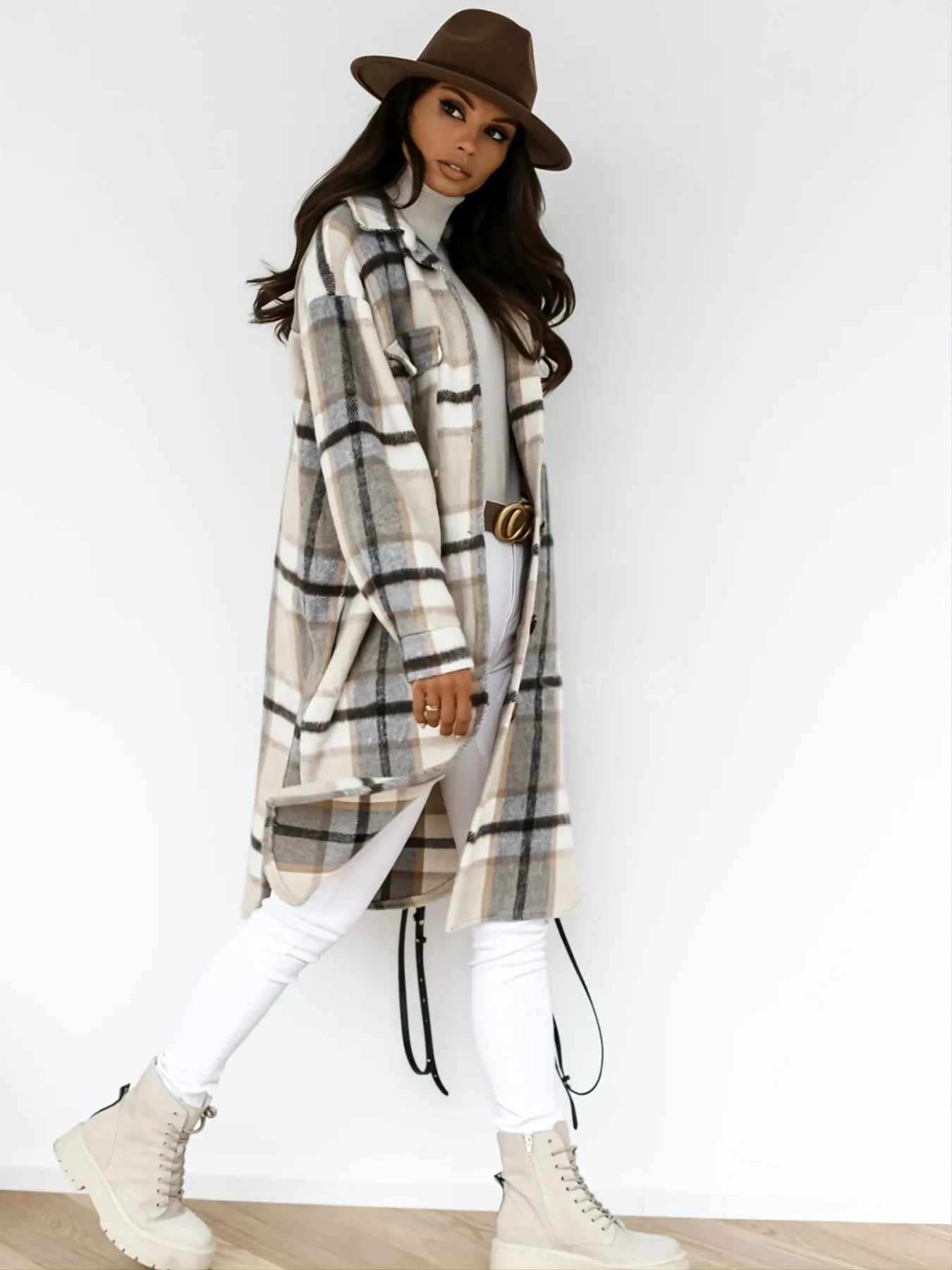 Women's Outerwear Casual Long Sleeve Plaid Brushed Mid-length Loose Jacket