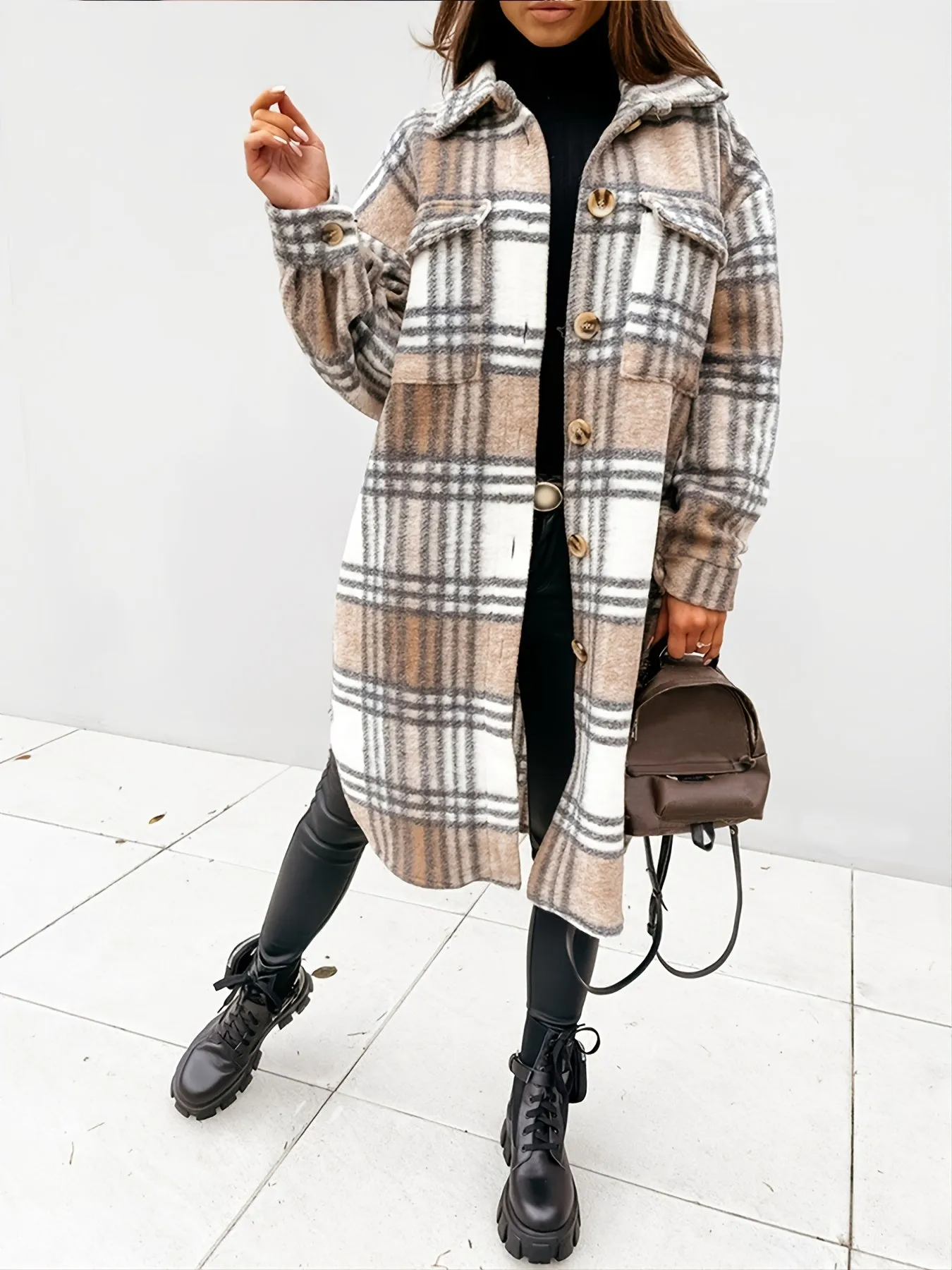 Women's Outerwear Casual Long Sleeve Plaid Brushed Mid-length Loose Jacket