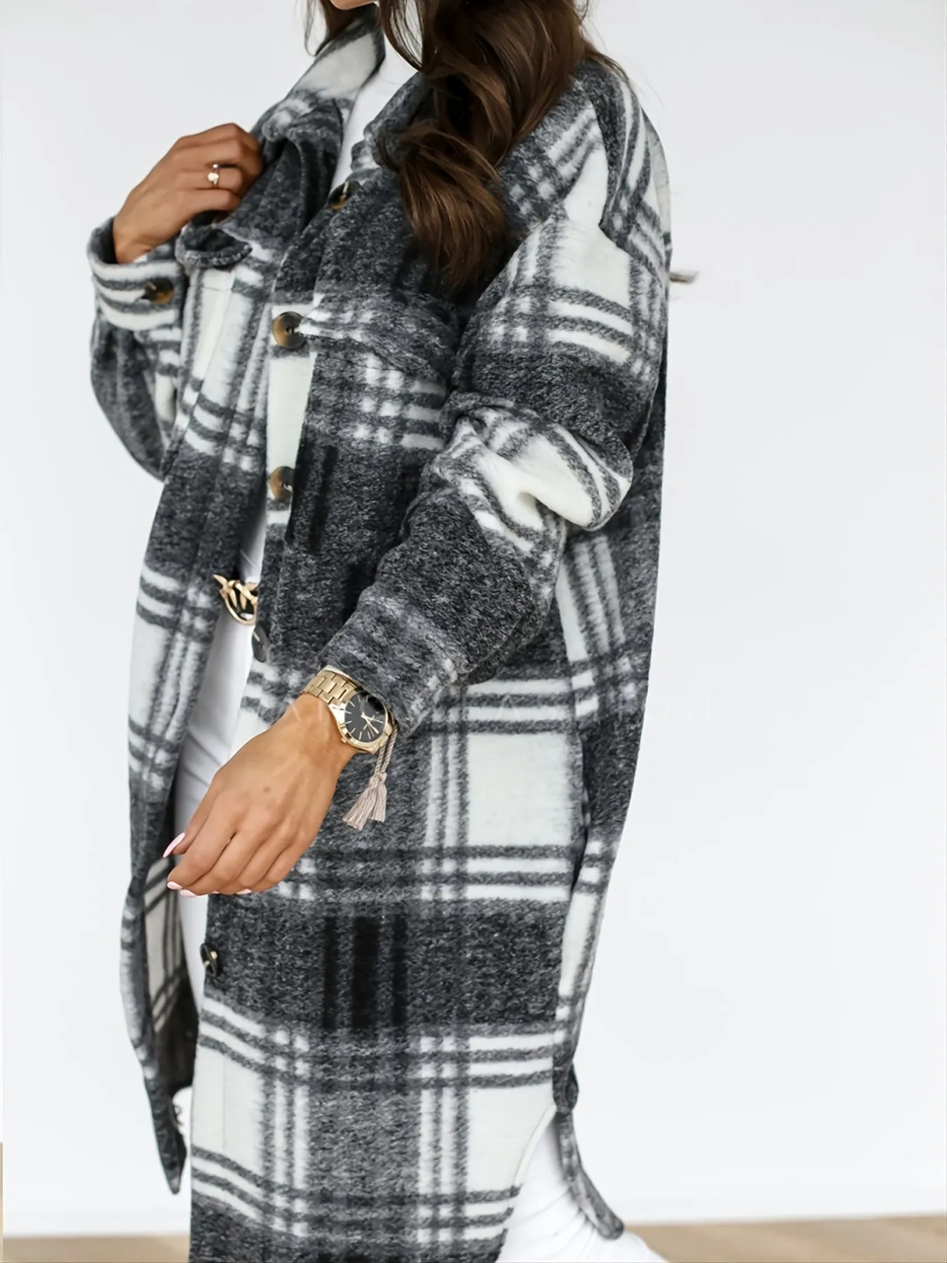 Women's Outerwear Casual Long Sleeve Plaid Brushed Mid-length Loose Jacket