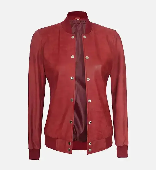 Women's Rib Knit Style Leather Maroon Bomber Jacket